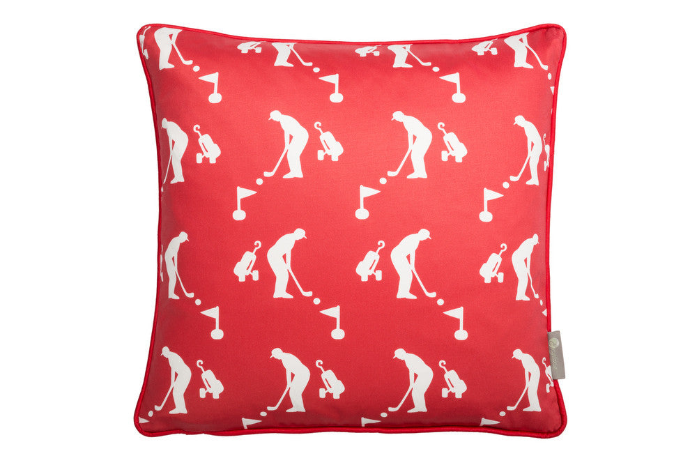 golf design scatter cushion in red . Luxury-home-furnishing, good-house-keeping-cushions, Modern- red-cushions, farmhouse-style-cushions.