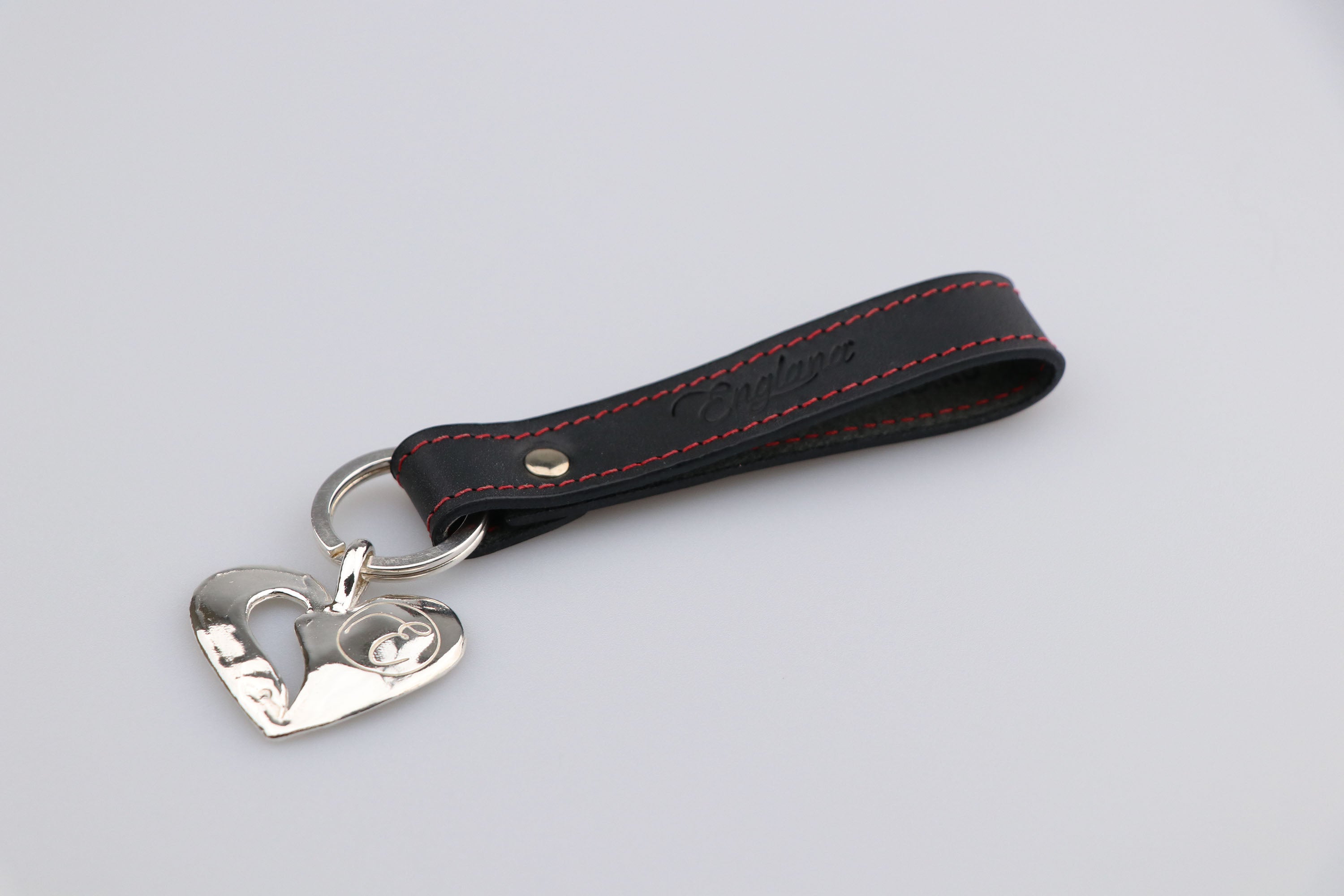 black leather key ring. Keyring with embossing initials as valentines gift. British luxury leather gift.